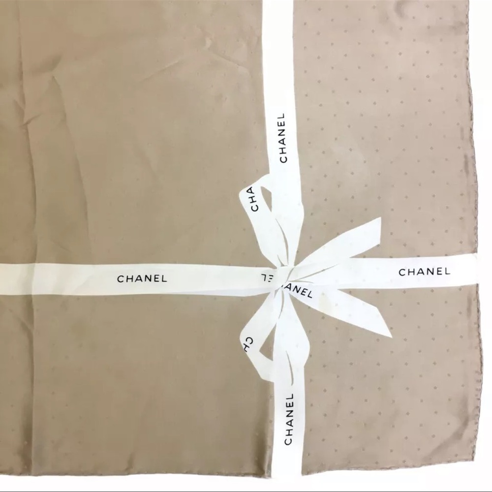 ❌❌SOLD❌❌AUTH CHANEL Logo Ribbon Silk Scarf Tan Beige - Picture 5 of 7